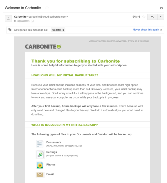 carbonite welcome email 1 - OptinMonster carbonite welcome email