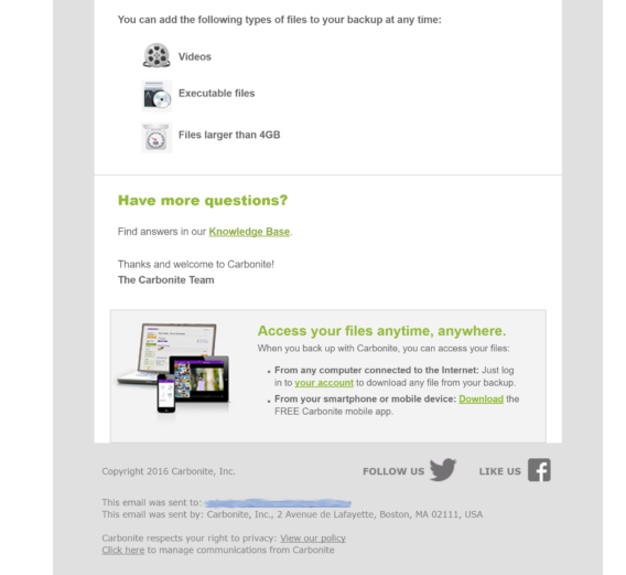 carbonite welcome email 2 - OptinMonster carbonite welcome email example