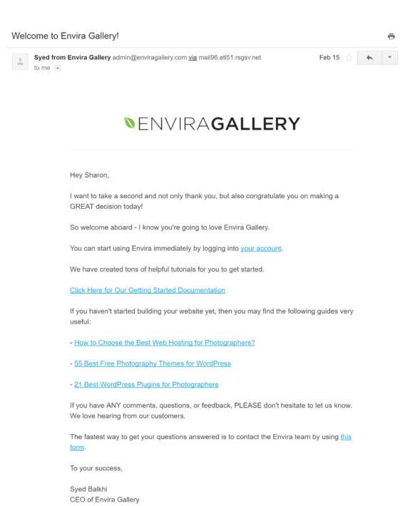 envira welcome email 1 - OptinMonster envira welcome email