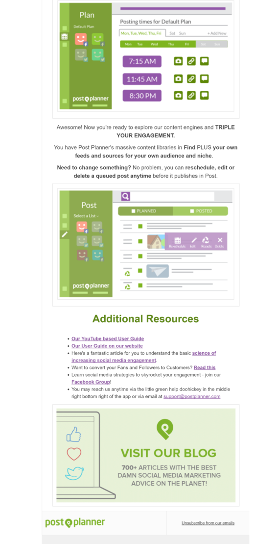 postplanner welcome email 3 - OptinMonster welcome email examples - postplanner
