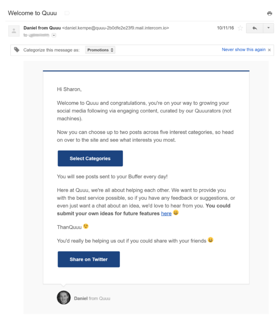 quuu welcome email - OptinMonster quuu welcome email
