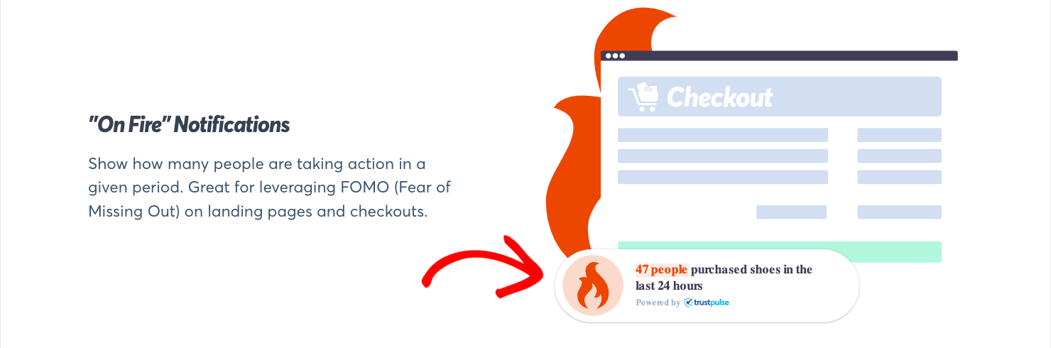 trustpulse-on-fire-notifications-social-proof - OptinMonster TrustPulse popup that has a fire symbol and says "47 people purchased shoes in the last 24 hours"