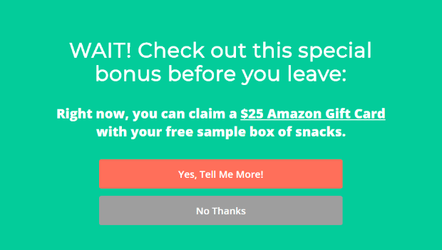 snacknation-exit-automation - OptinMonster A popup from Snacknation. It says "WAIT! Check out this special bonus before you leave." It then offers Yes/No buttons for claiming a Amazon gift card with a free sample box of snacks.